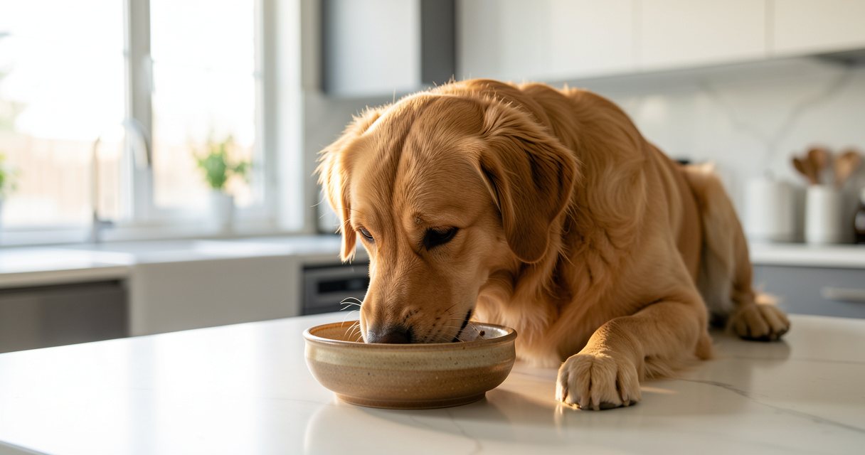 Chien mangeant calmement dans sa gamelle