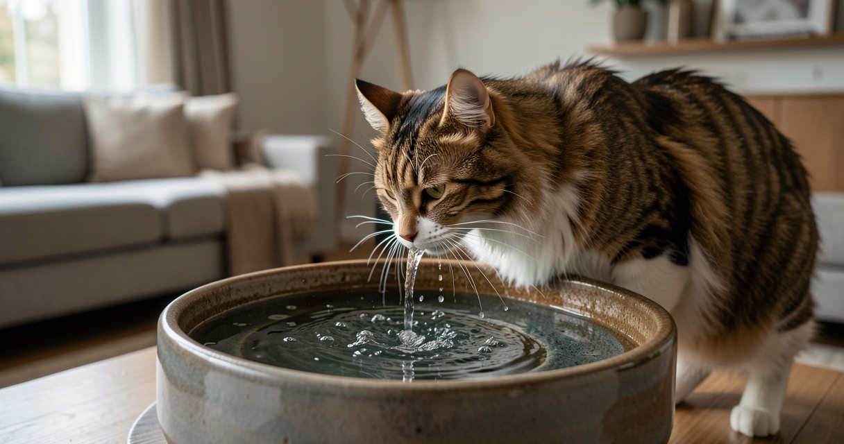 Chat buvant à une fontaine à eau moderne
