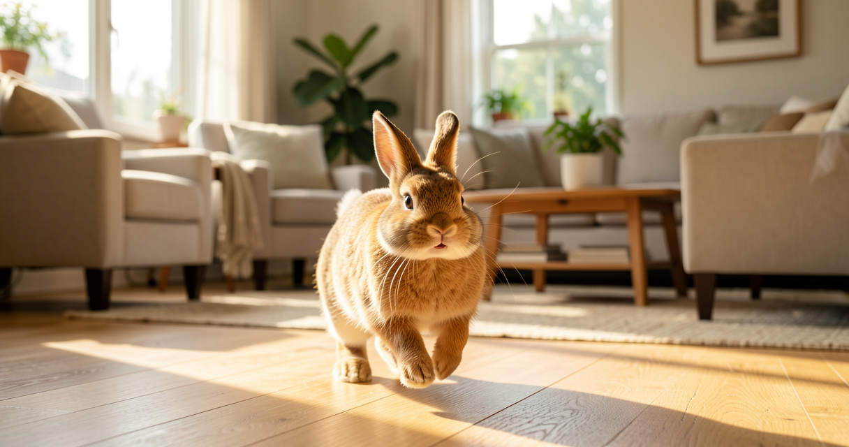 Lapin heureux en liberté dans un salon ensoleillé