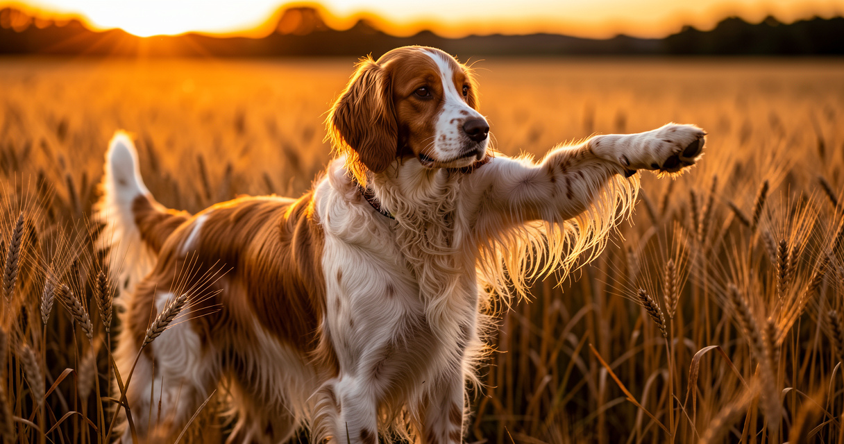 Chien d'arrêt, un Setter anglais à l'arrêt dans un champ de blé, illustration d'un chien de chasse au travail