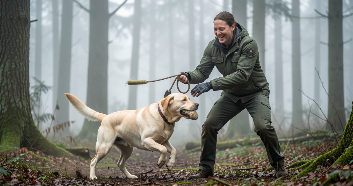 Dressage d'un chien de chasse, Labrador retriever rapportant un leurre lors d'une séance d'entraînement en forêt