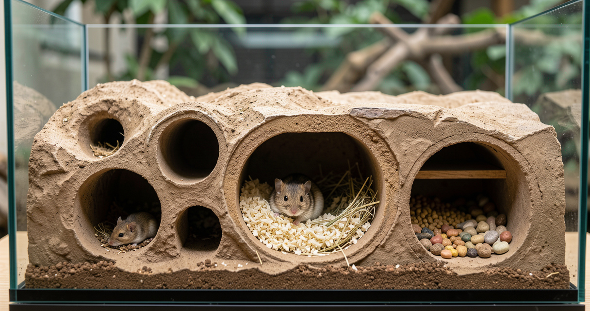 Coupe éducative d'un terrier complexe de gerbille avec tunnels et chambres