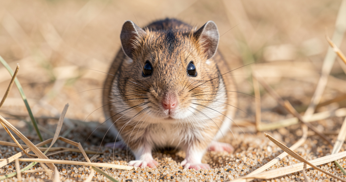Gerbille de Mongolie regardant avec curiosité dans un habitat naturel reconstitué