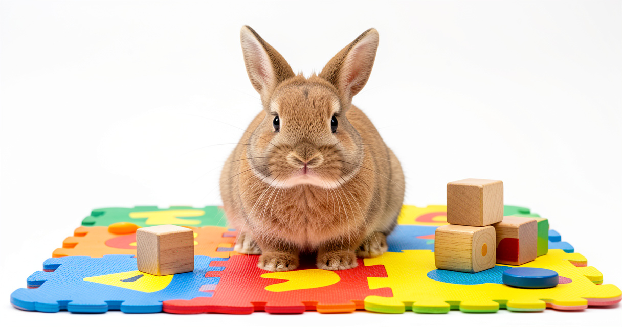 Lapin nain Netherland Dwarf jouant sur un tapis avec des jouets en bois dans une pièce lumineuse