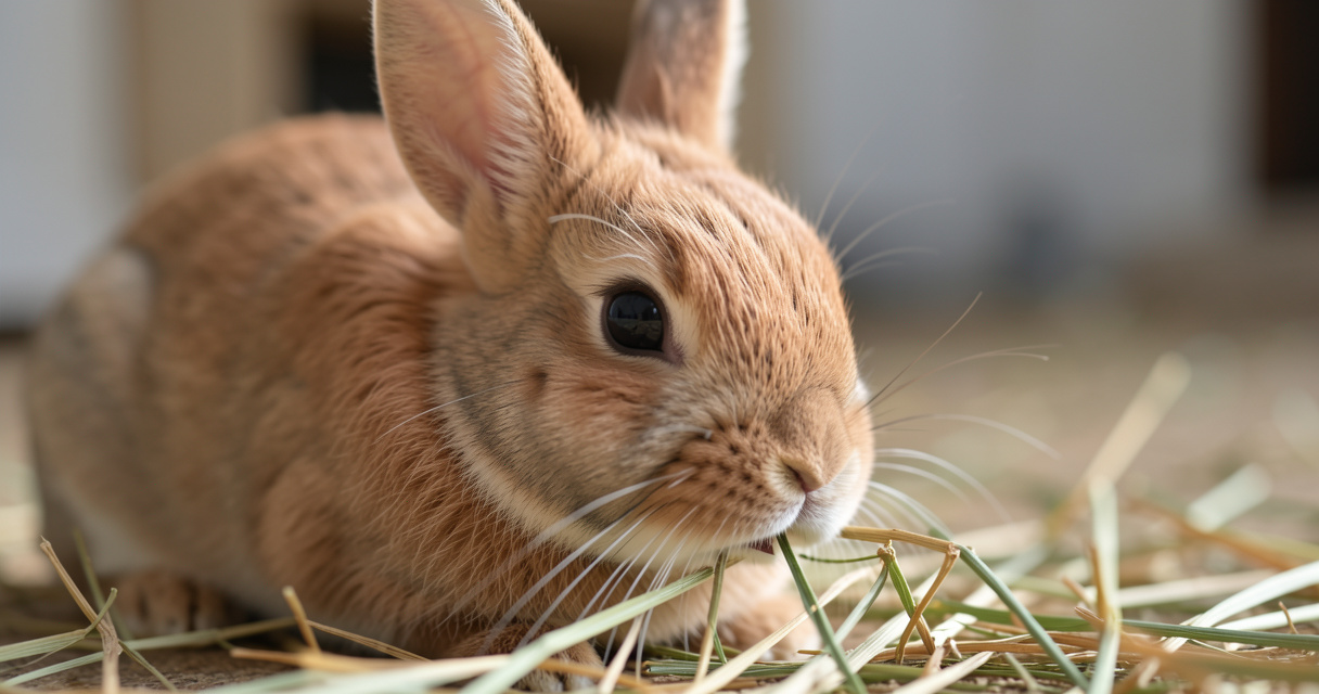 Gros plan d’un lapin nain Lionhead en train de manger du foin dans un environnement doux et naturel