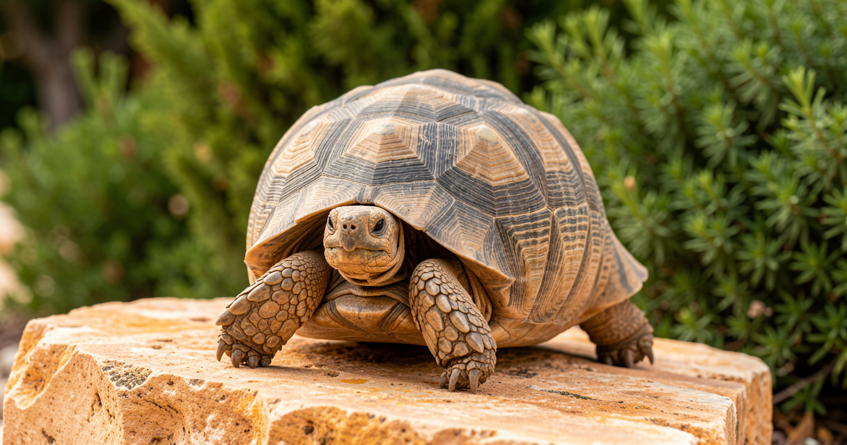 Tortue d'Hermann Testudo hermanni sur une roche dans un jardin méditerranéen