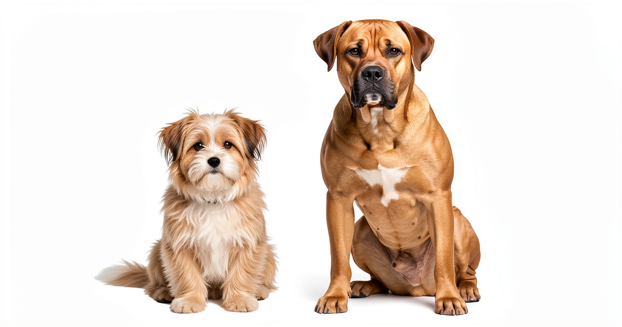 Comparaison entre un petit chien à poil long et un grand chien musclé, pour illustrer la diversité des races