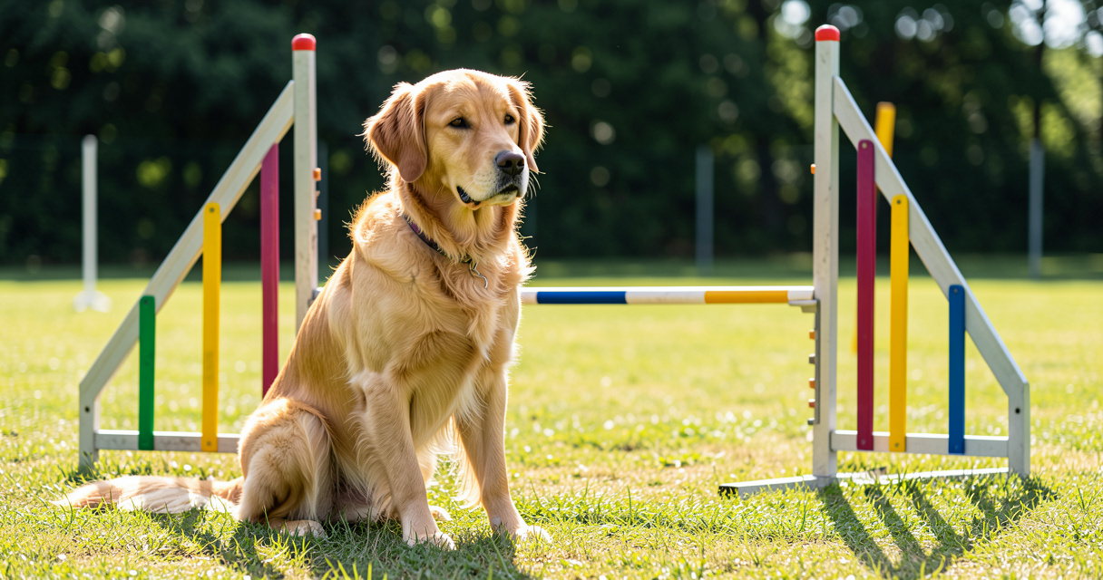 Chien golden retriever posant près d un parcours d agility, pour représenter le sport canin et l éducation