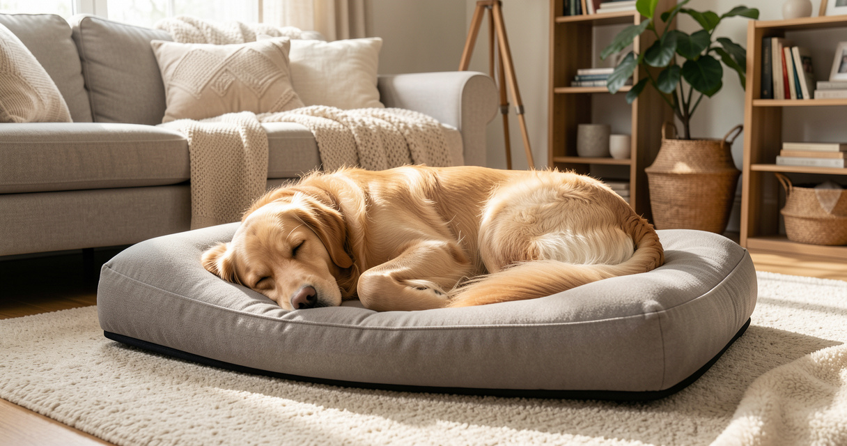 Panier chien orthopédique confortable avec un golden retriever endormi dans un salon moderne
