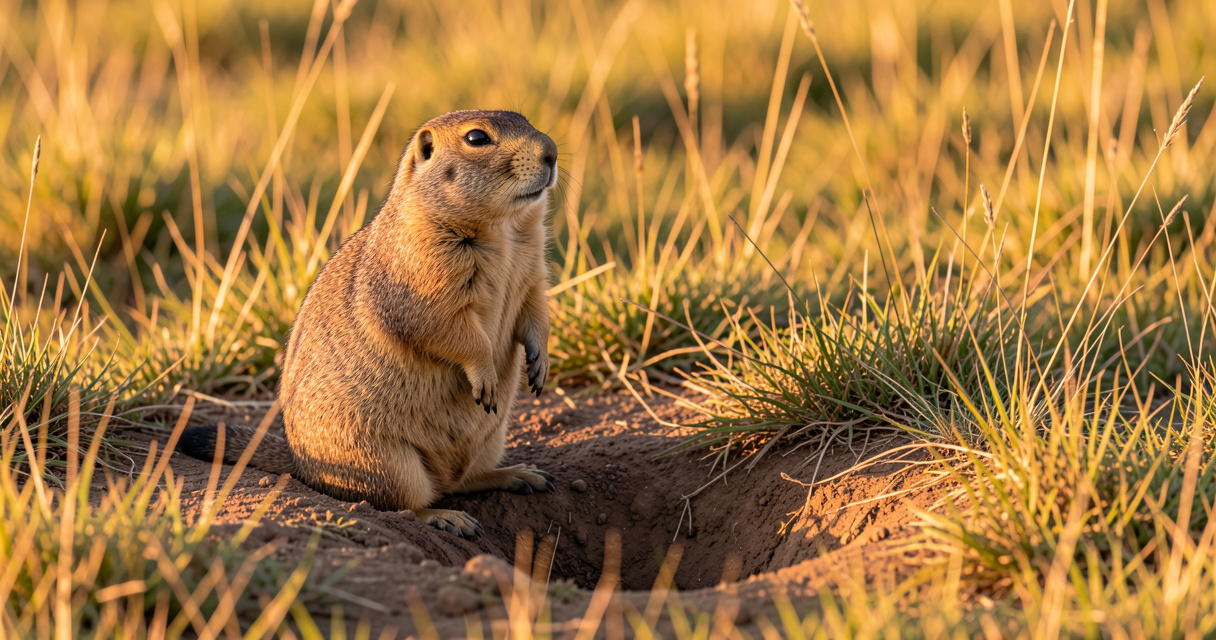 Chien de prairie debout près de son terrier dans une prairie nord-américaine