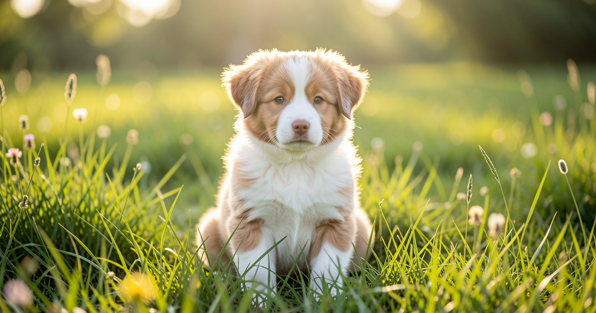 Chiot berger australien assis dans un pré vert au printemps, regard vif