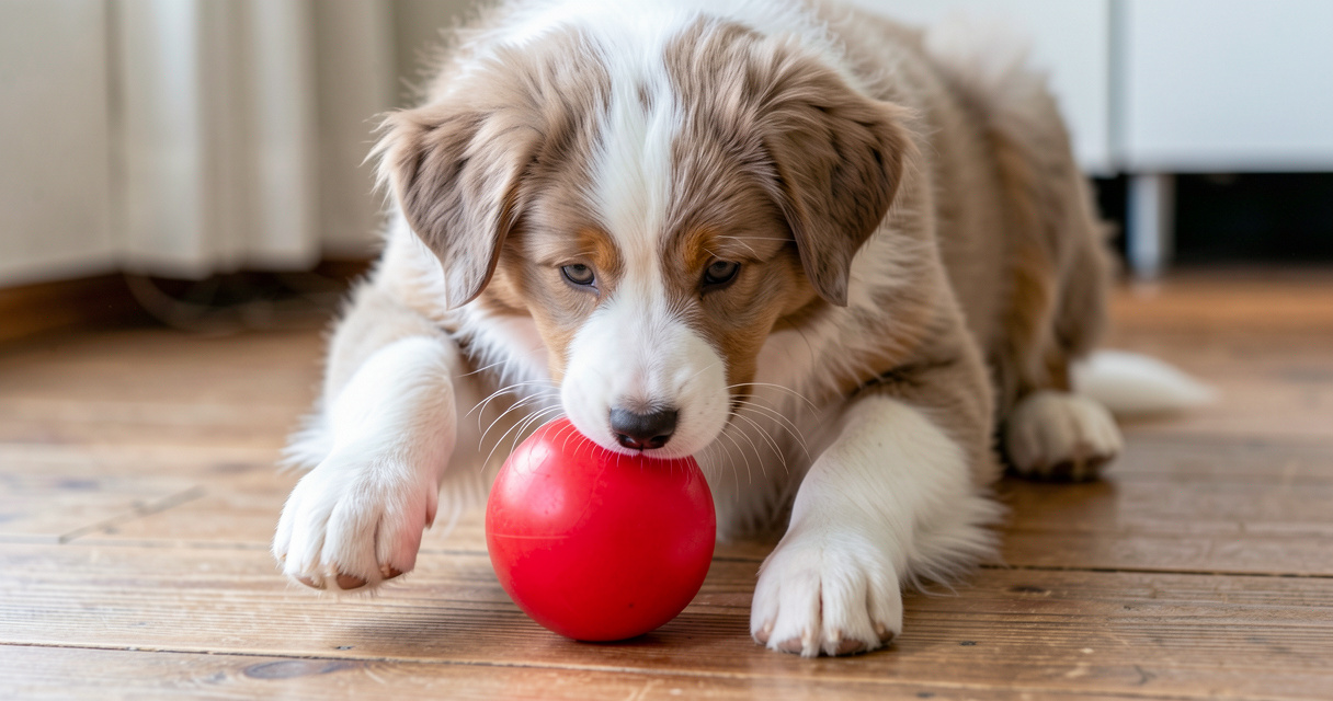 Chiot berger australien jouant avec une balle rouge sur un parquet en bois