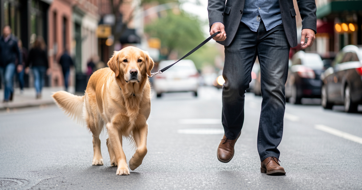 Chien golden retriever marchant au pied avec une laisse courte en nylon en ville