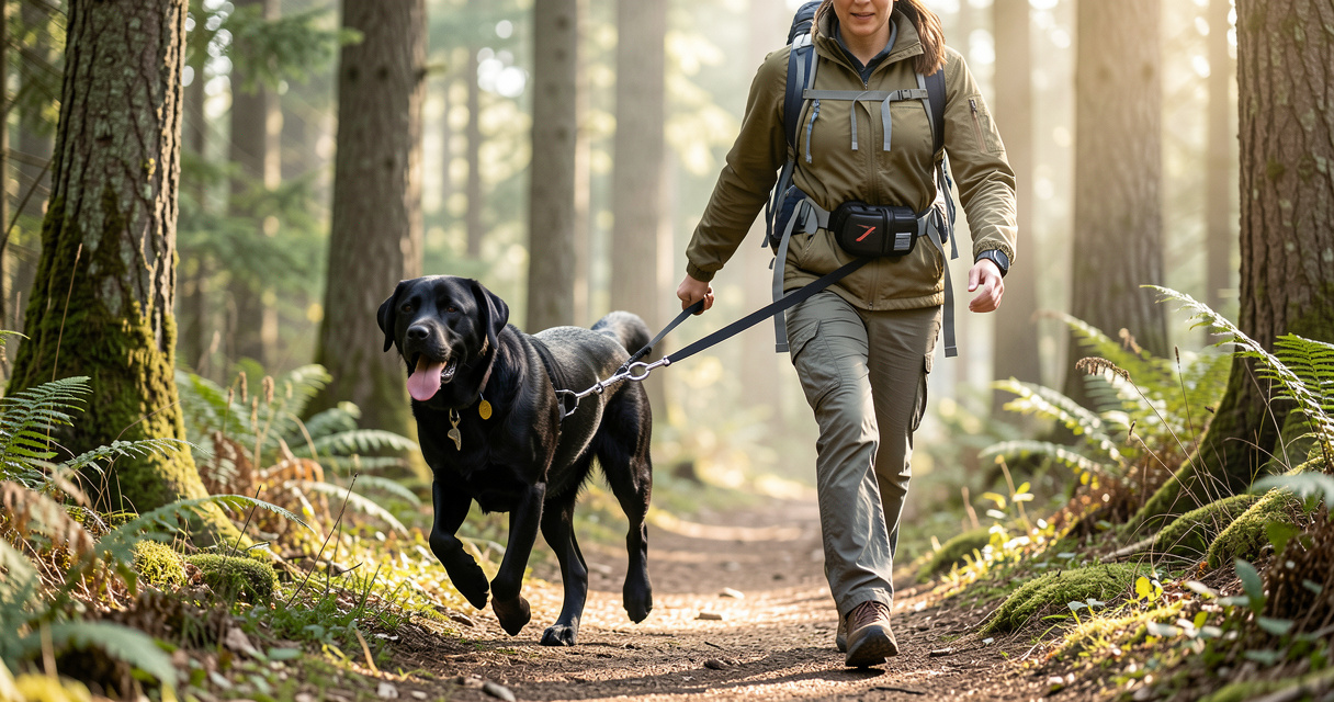 Promenade en forêt avec une laisse mains libres pour chien labrador noir et son maître