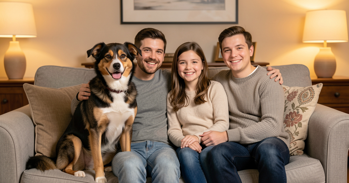 Famille adoptant un chien croisé heureux assis sur un canapé dans un salon