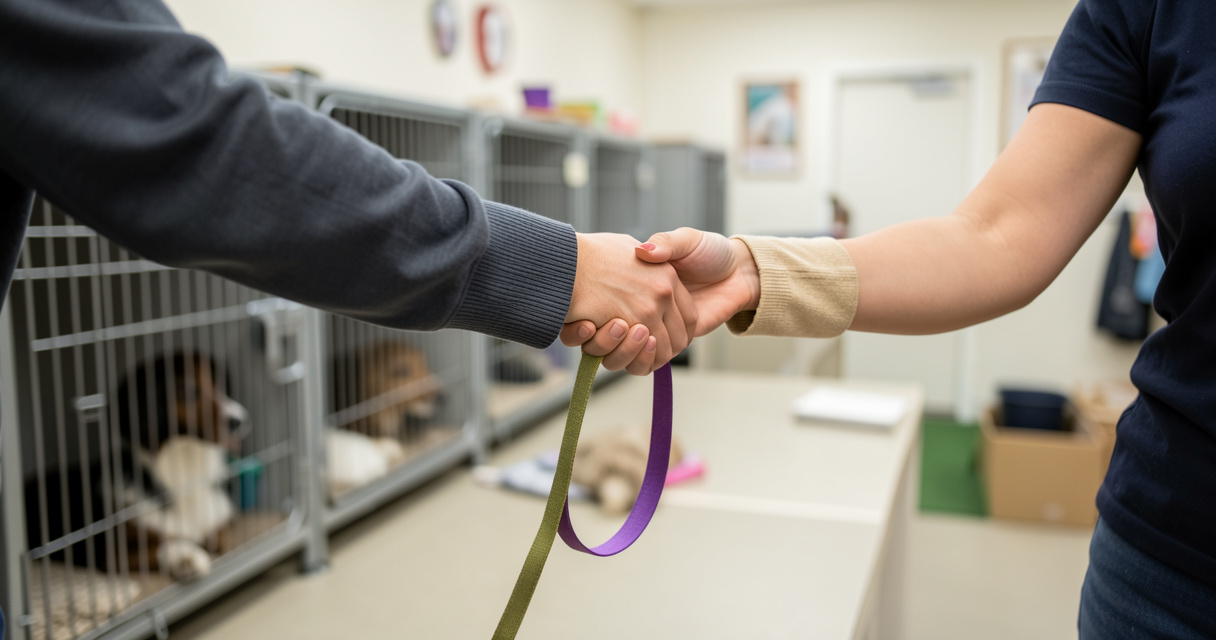 Remise de la laisse lors de l'adoption d'un chien dans un refuge animalier