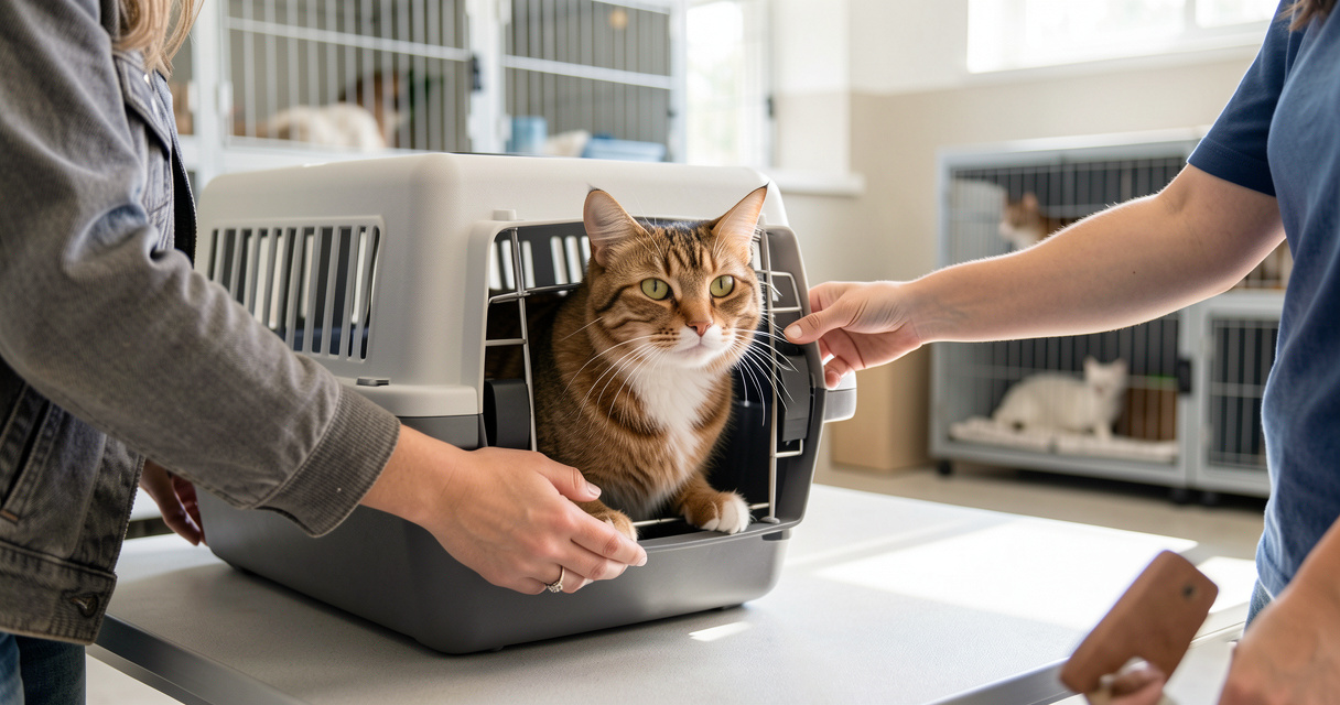 Chat en cage de transport lors de son adoption dans un refuge, geste d'adoption responsable