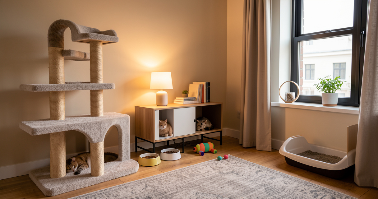 Intérieur d'appartement prêt pour l'arrivée d'un chat avec arbre à chat et gamelles