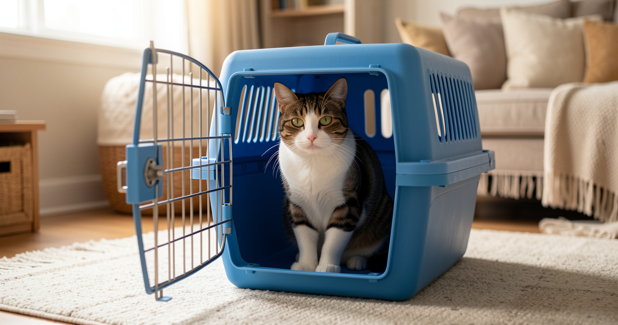 Chat calme dans sa caisse de transport en plastique bleu à la maison