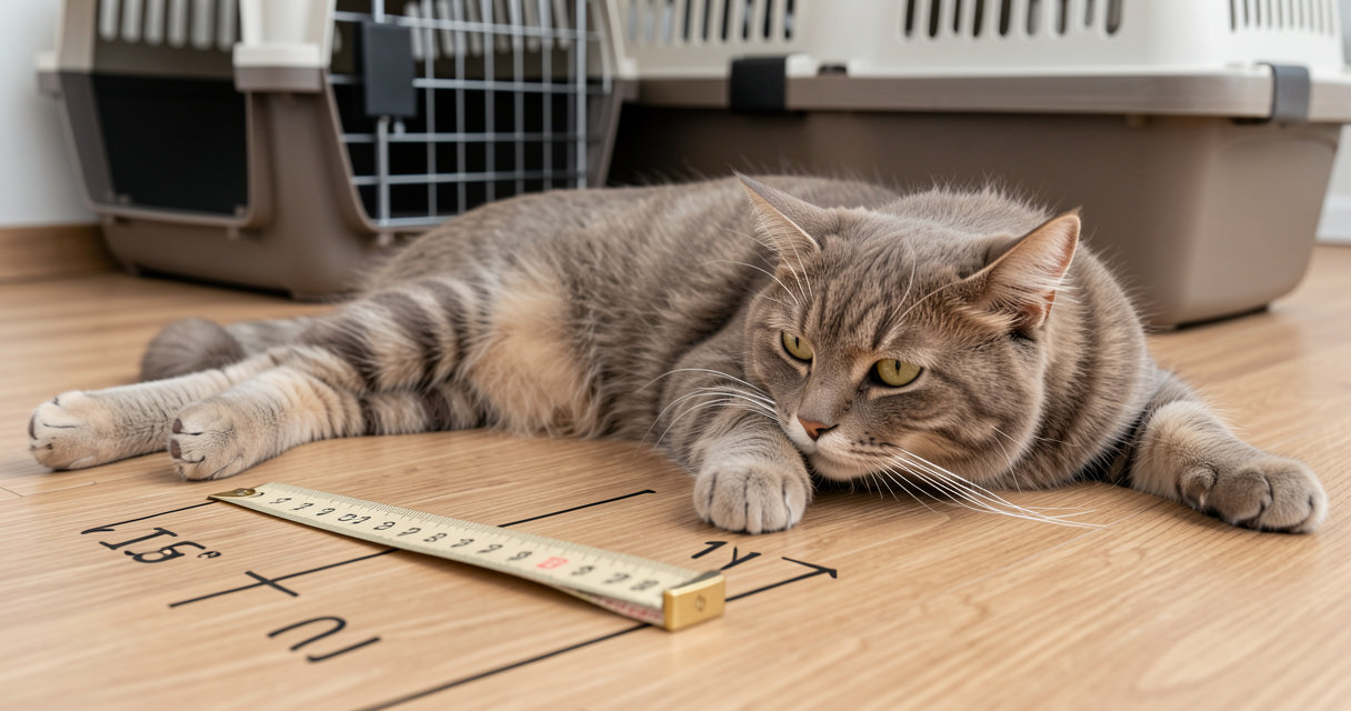 Mesure d'un chat allongé avec un mètre ruban pour choisir la bonne caisse de transport