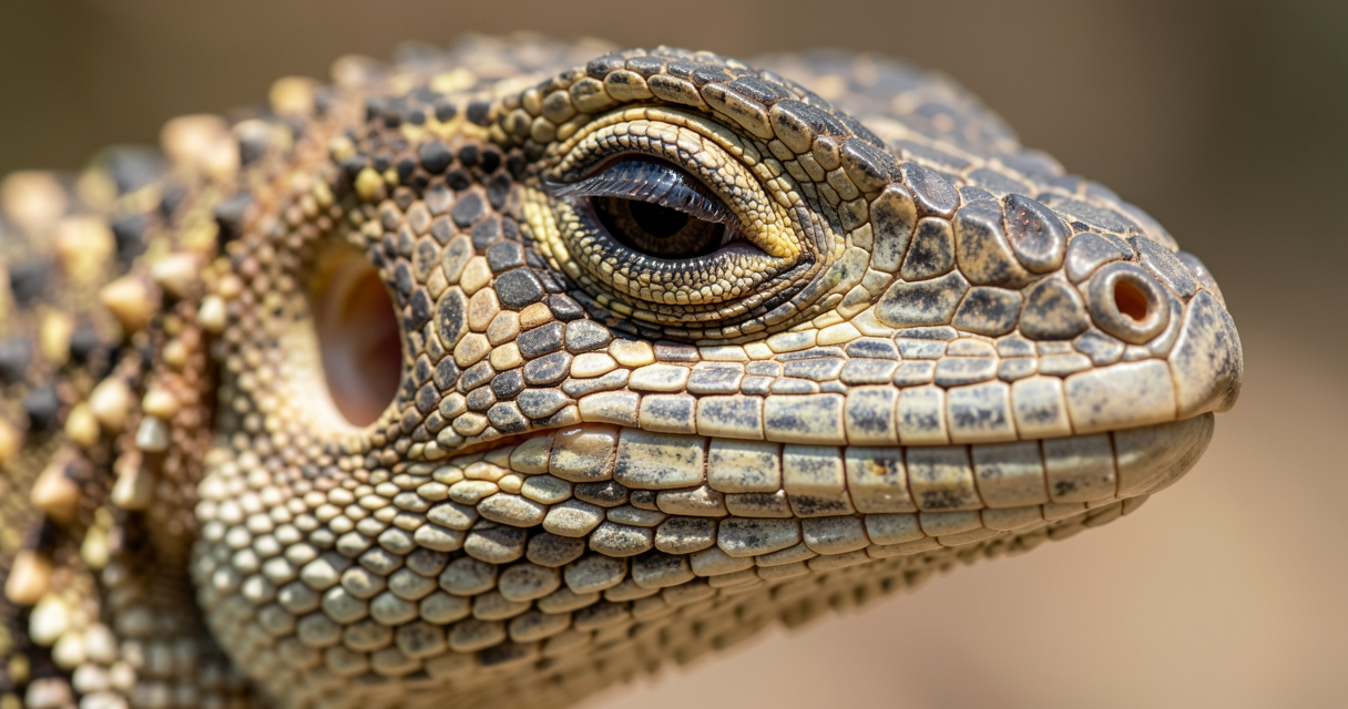 Gros plan d'un lézard montrant ses écailles, son oreille externe et sa paupière mobile
