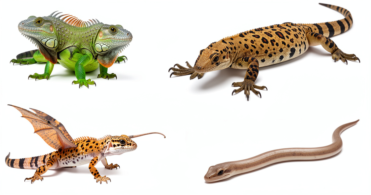 Collage de différentes espèces de lézards : iguane, gecko, dragon de Komodo, lézard volant et orvet
