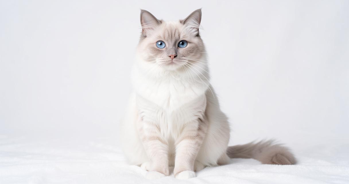 Chaton Ragdoll assis sur fond blanc, regardant l'objectif avec ses yeux bleus