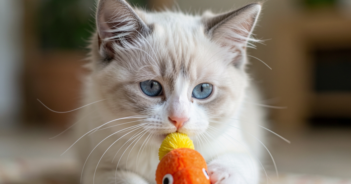 Jeune chat Ragdoll en train de jouer avec un jouet, éclairage naturel