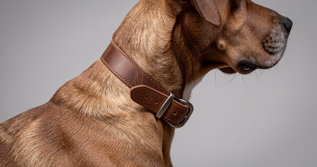 Chien portant un collier en cuir marron, vue de côté, illustration pour guide collier chien