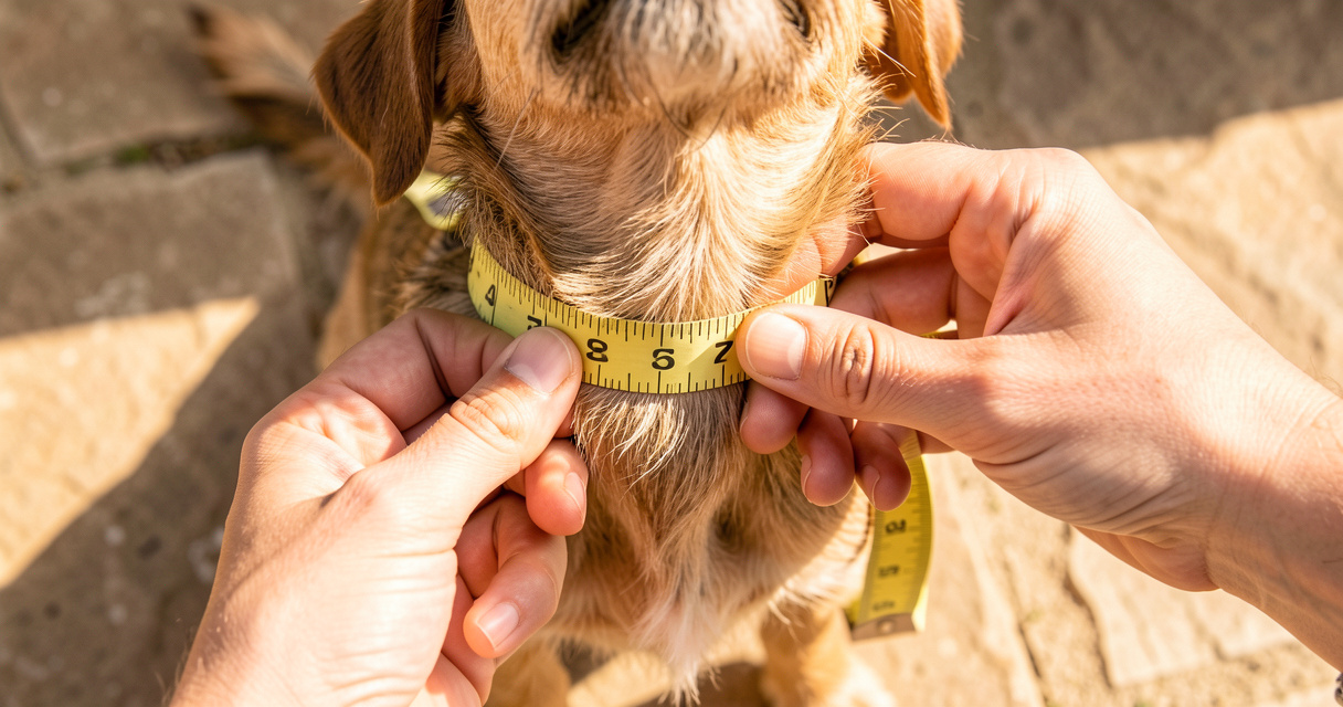 Mesure du cou d’un chien avec un mètre ruban et vérification de l’espace de deux doigts