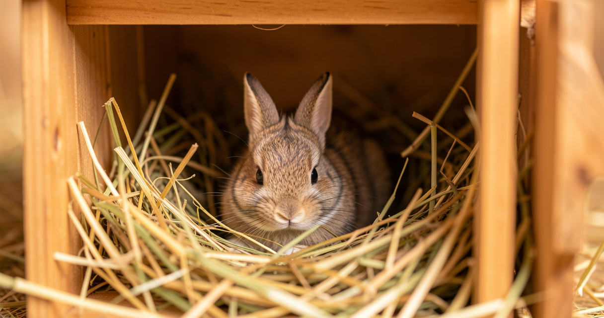 Bébé lapin nouveau-né dans son nid en foin, lapereau fragile