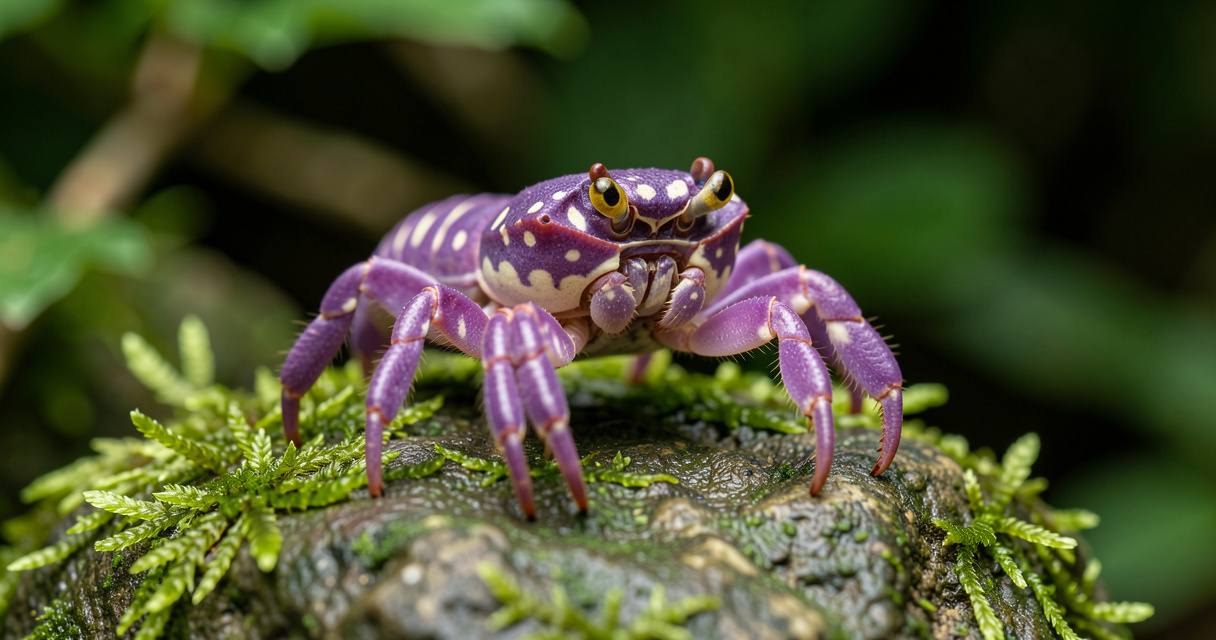 Crabe vampire violet (Geosesarma dennerle) posé sur une roche moussue avec ses yeux jaunes caractéristiques.