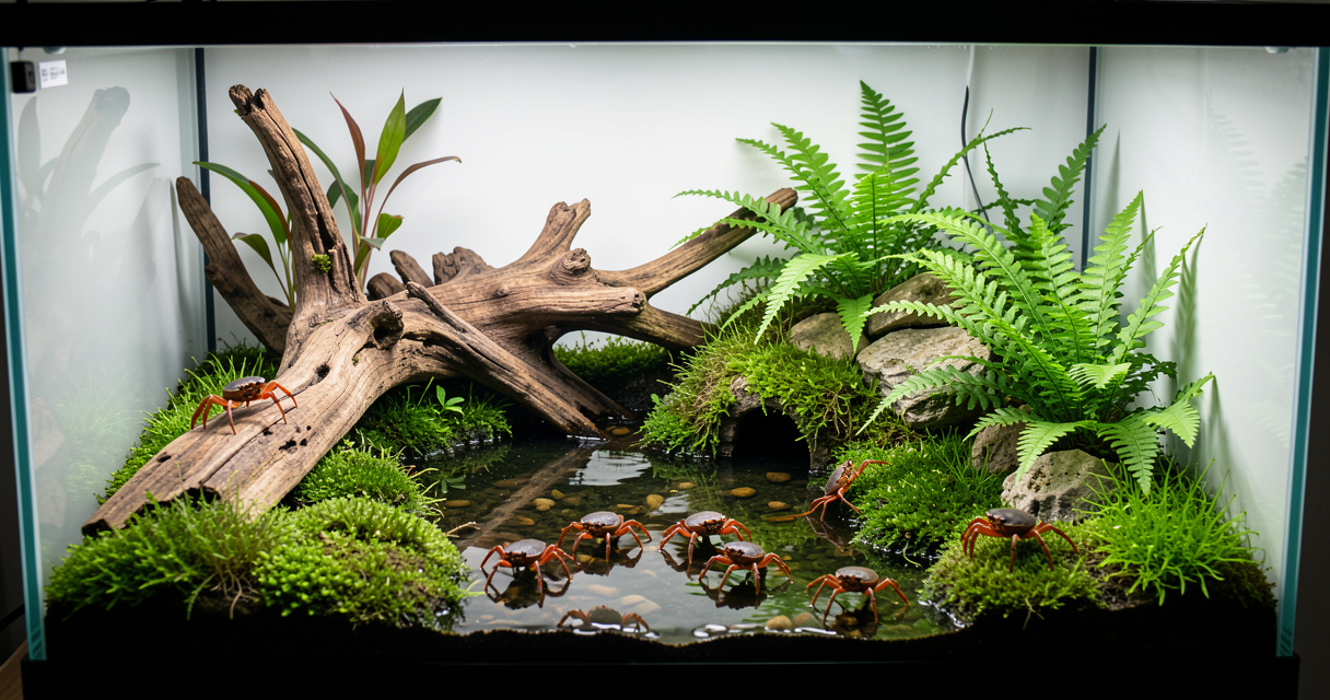 Paludarium aménagé pour crabe vampire avec zone aquatique, bois flotté et plantes tropicales.