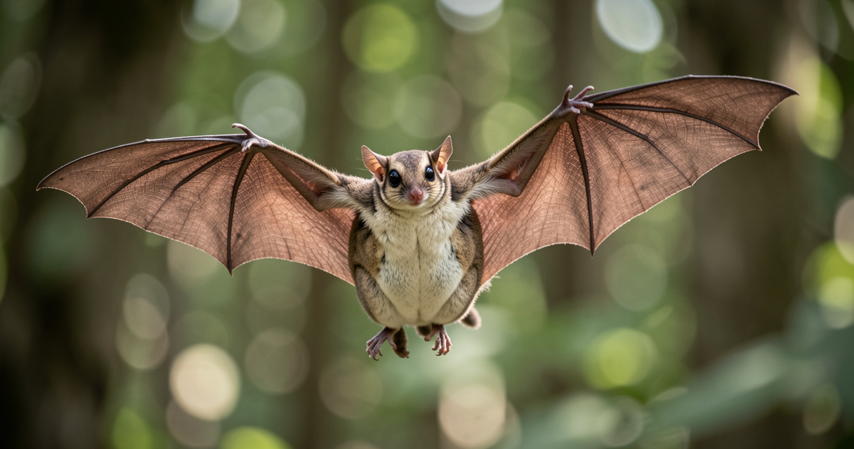 Sugar glider en plein vol, membrane patagium déployée, planant au-dessus de la forêt