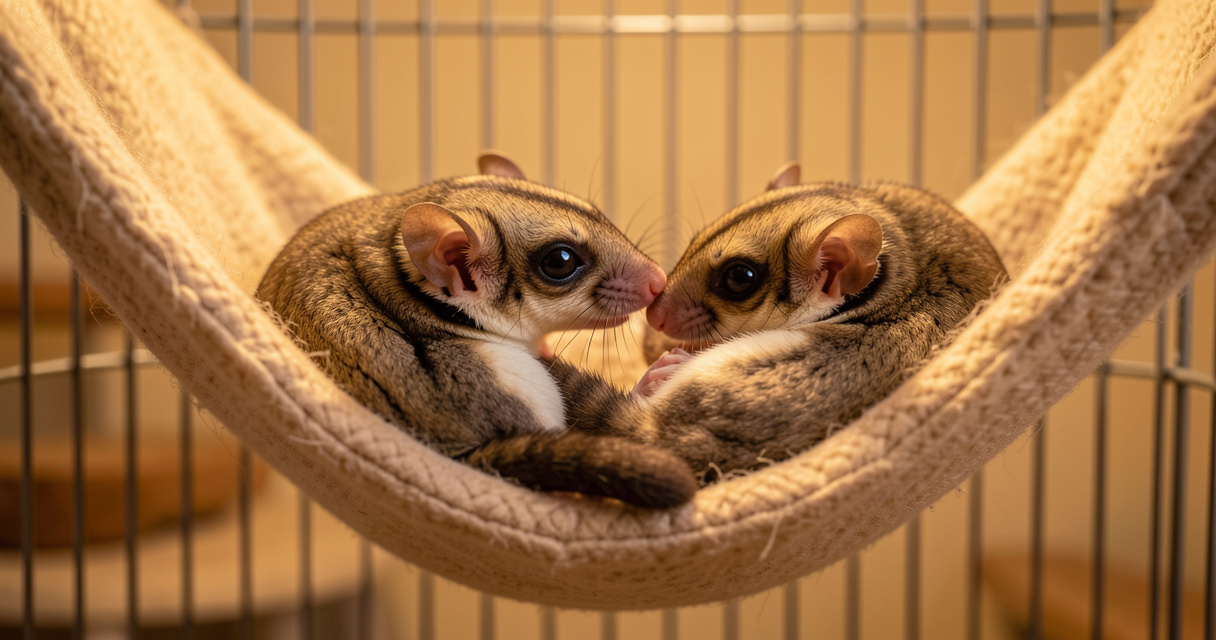 Deux sugar gliders blottis dans un hamac en polaire, moment de complicité et de repos