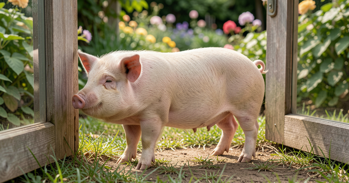 Cochon nain vietnamien adulte dans un jardin, vue de côté montrant sa taille réelle