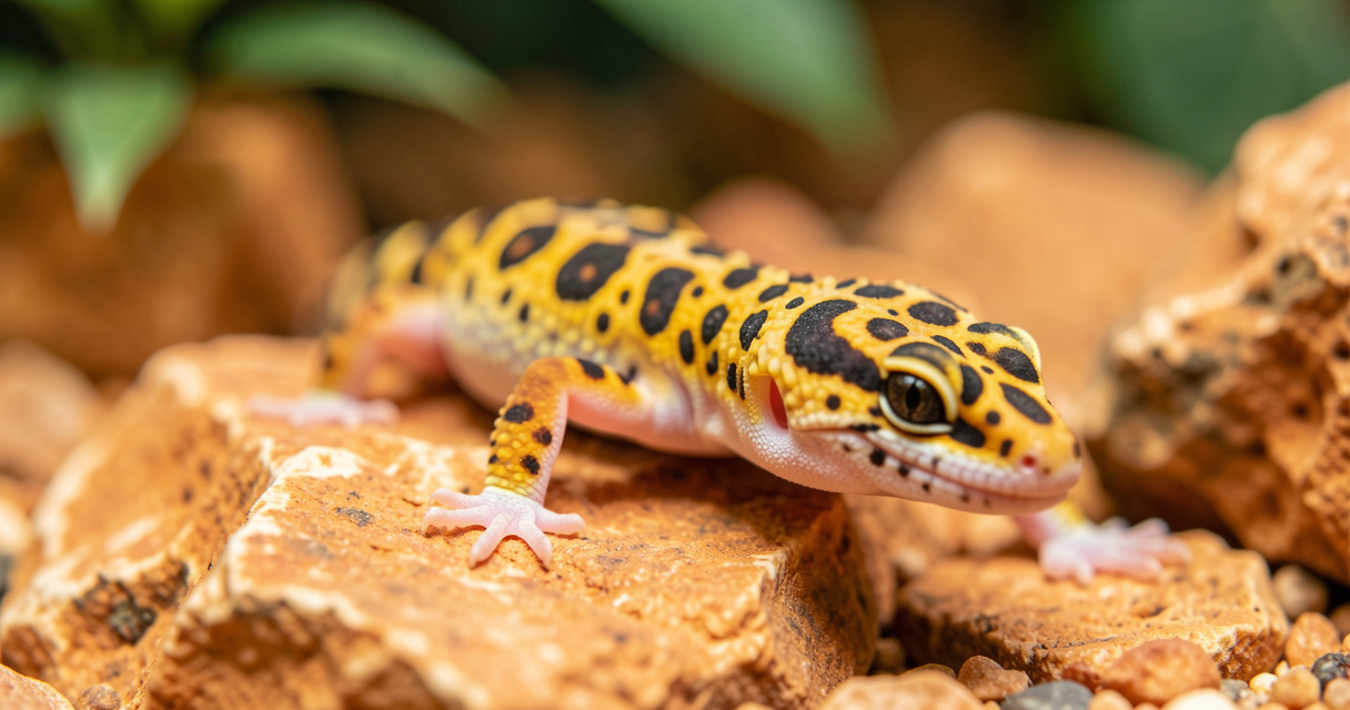 Gecko léopard au repos sur son substrat rocheux dans un terrarium