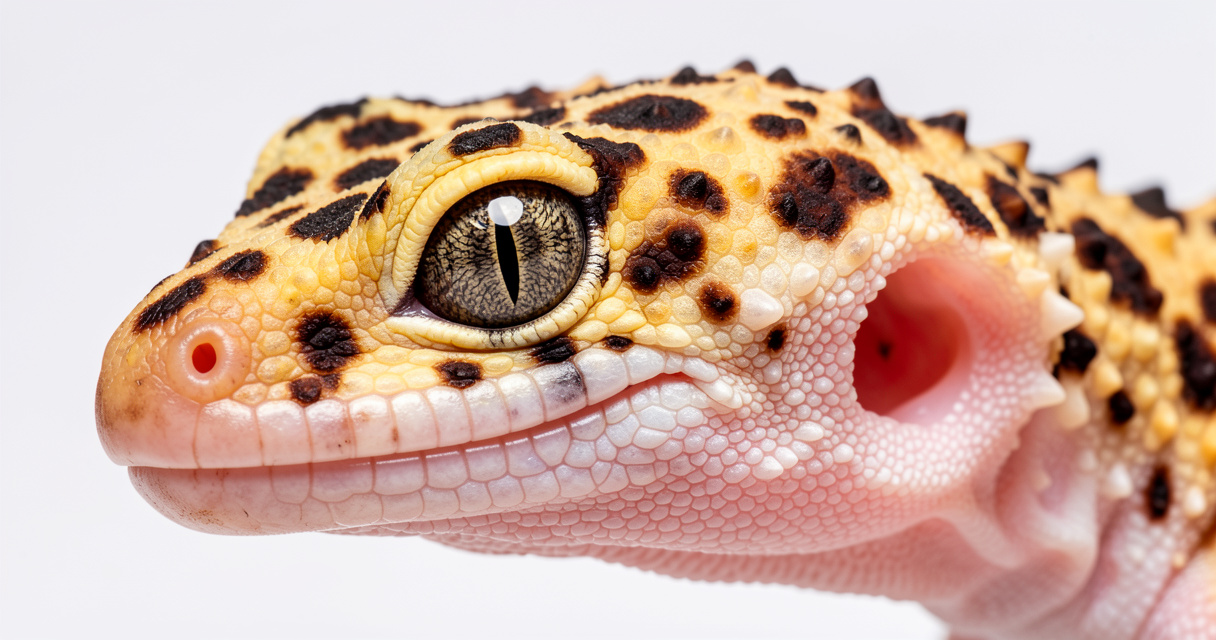 Gros plan sur l'œil d'un gecko léopard avec pupille verticale et oreille translucide