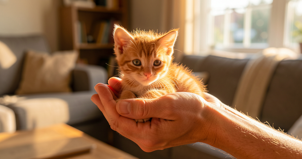 Personne caressant un chaton roux adopté dans un refuge