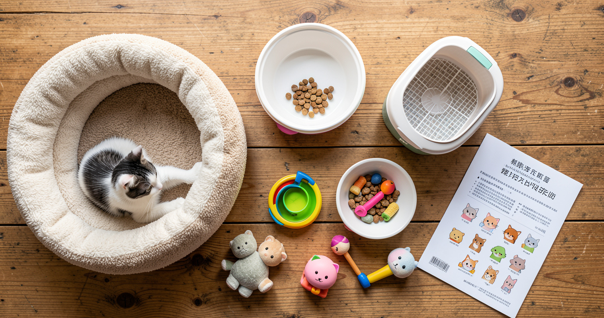 Accessoires pour préparer l'arrivée d'un chaton : couchage, gamelles, jouets