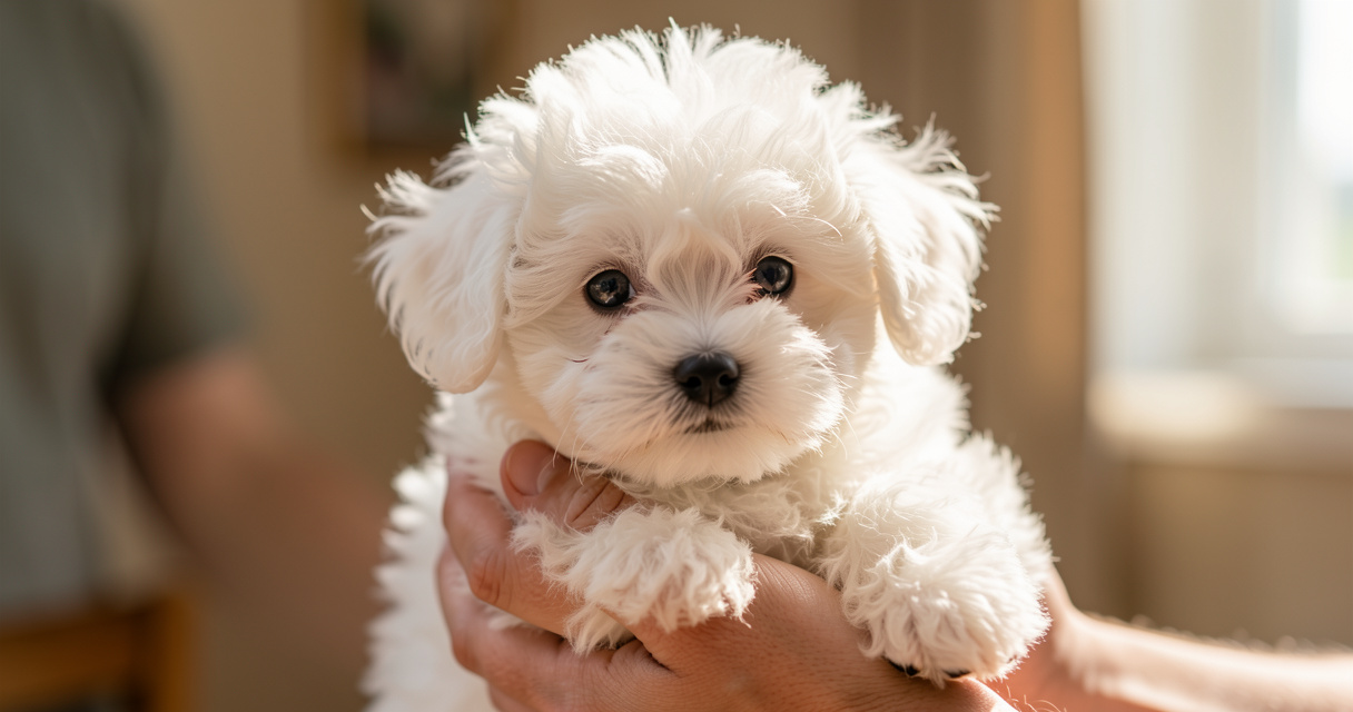 Bichon frisé dans les bras, un petit chien blanc hypoallergénique très apprécié des familles