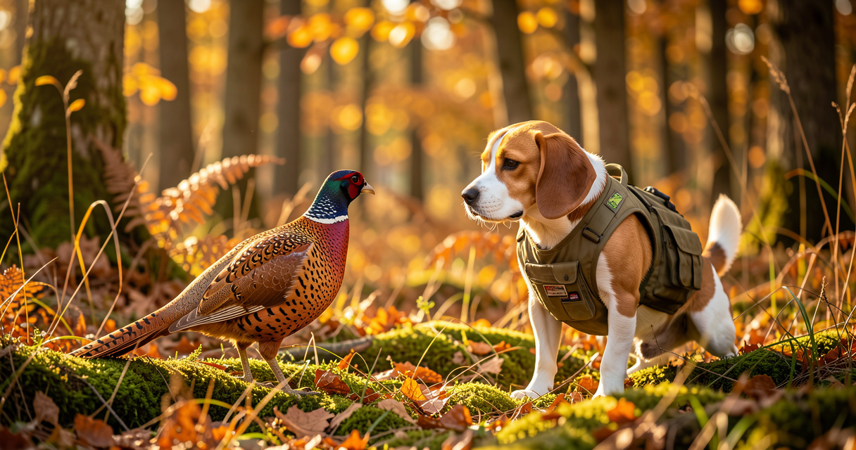 Chien de chasse Beagle en arrêt devant un faisan dans un bois en automne
