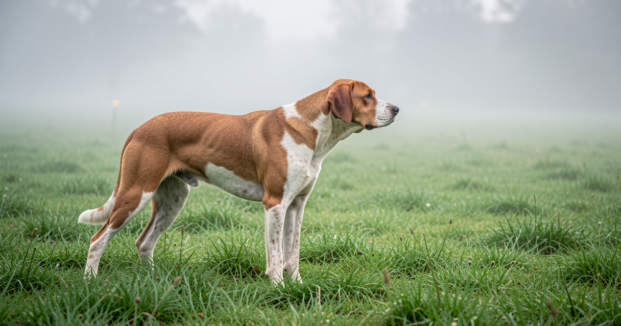 Chien d arrêt Braque allemand en position dans un champ verdoyant au petit matin
