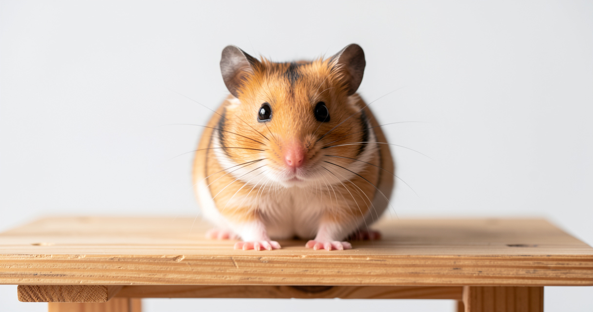Hamster syrien doré sur une plateforme en bois regardant l'objectif – photo réaliste pour article sur les races