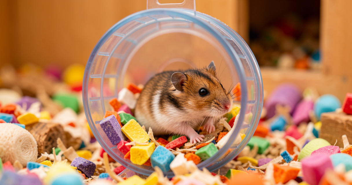 Hamster nain courant dans une roue en plastique avec litière colorée – illustration habitat et exercice