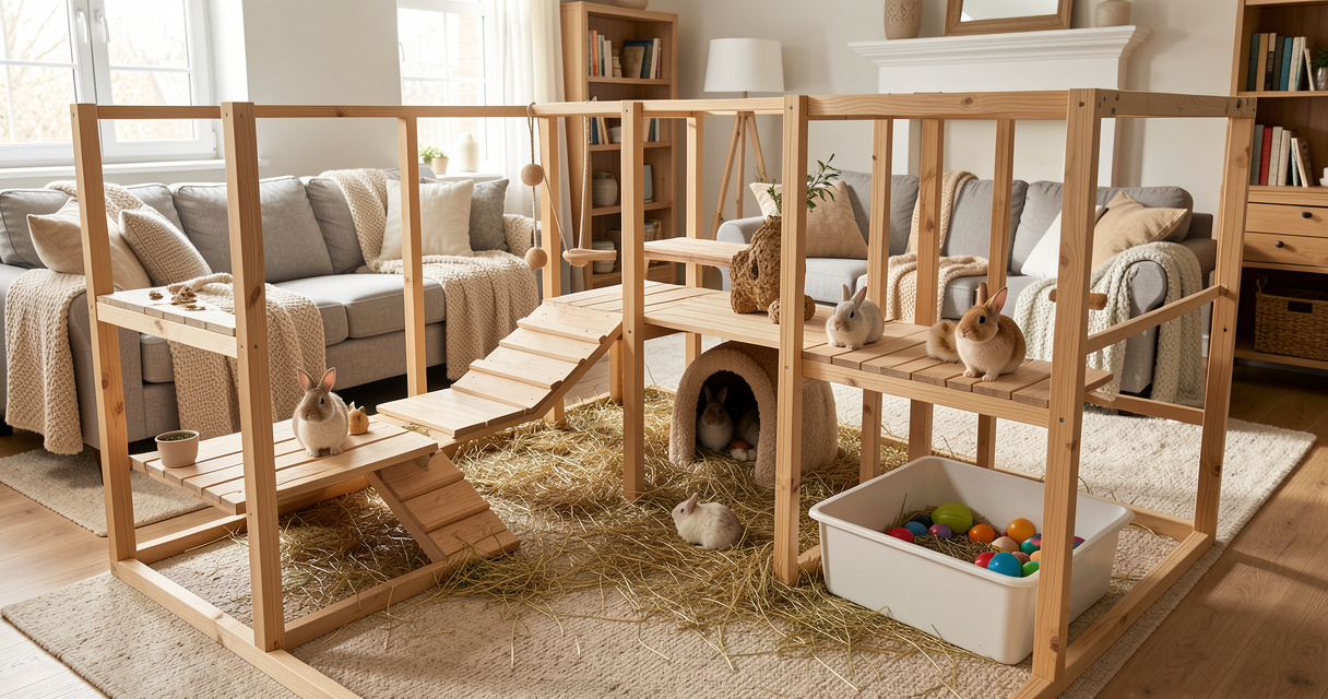 Enclos spacieux pour lapin avec plateforme, cachette et litière – aménagement intérieur idéal