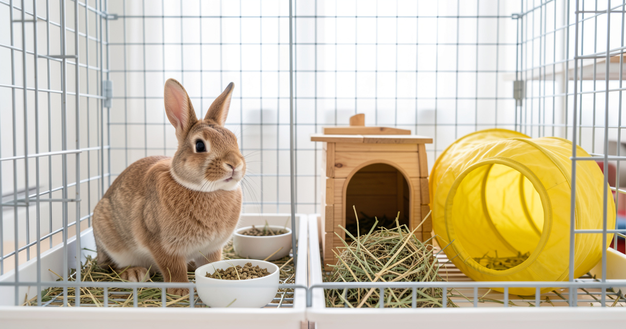Cage à lapin bien organisée avec zones repas, repos et jeu pour le bien-être de l'animal