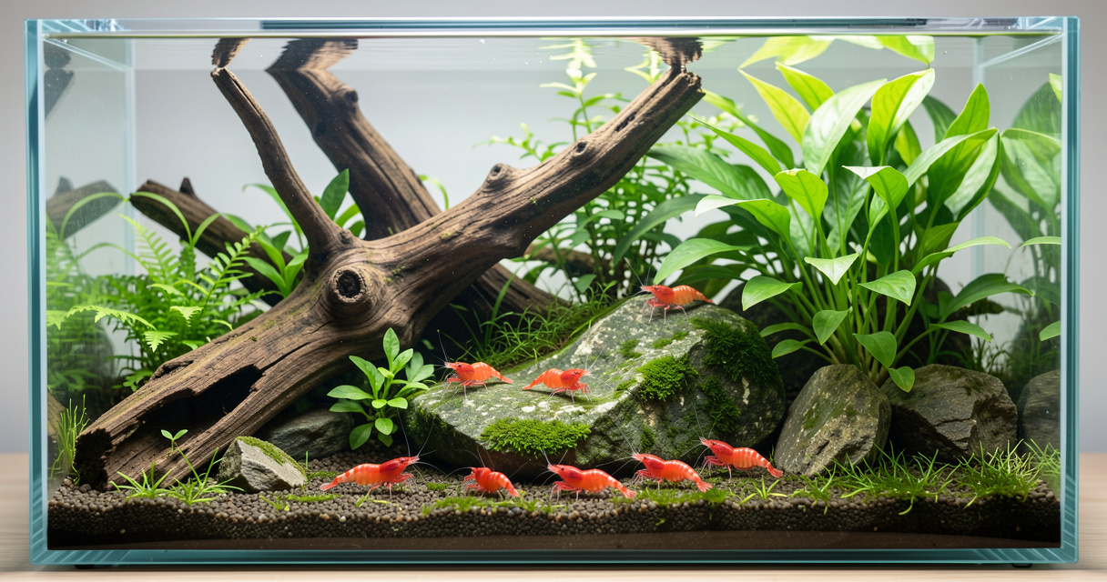 Nano aquarium avec crevettes Neocaridina rouges et plantes vertes