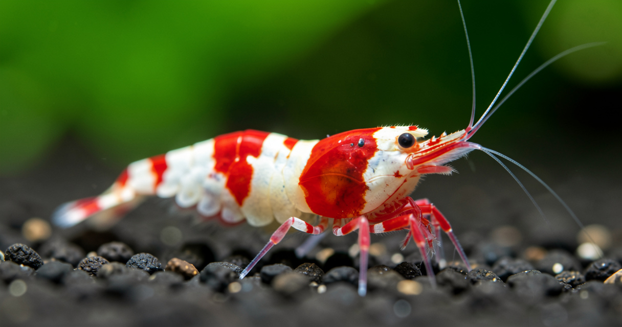 Gros plan sur une crevette Crystal Red avec motifs rouges et blancs sur substrat foncé