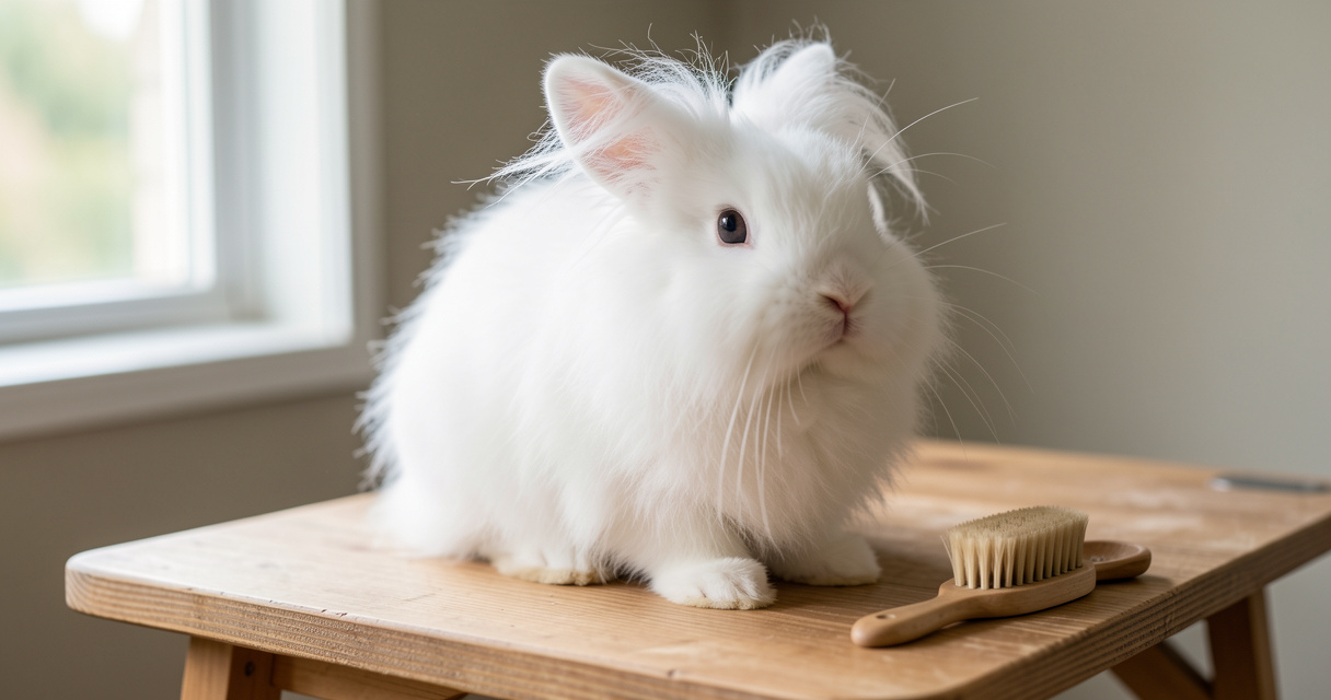 Lapin angora blanc posé sur une table de toilettage avec une brosse, prêt pour le brossage quotidien